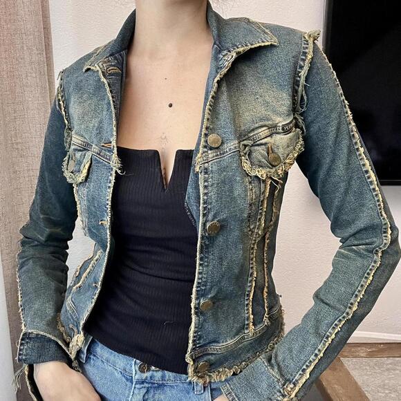 Plein Sud Jackets & Blazers - Early 2000s Y2K Style Plein Sud Jeans Distressed Denim Jacket – Fits XS